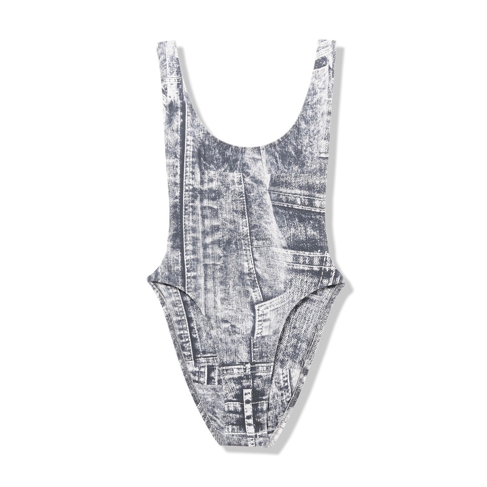 NWT Norma Kamali Marissa One Piece Swimsuit Denim Print Scoop Neck Size S